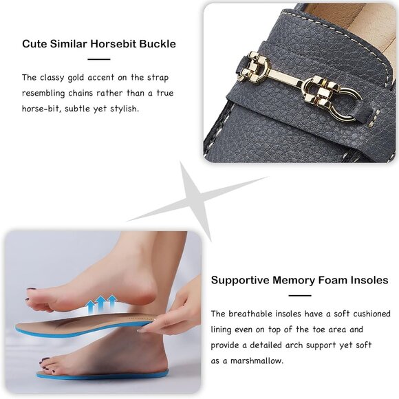 Kordal Women's Grey Leather Gold Accent Buckle Slip-Ons Walking Flats Loafers - Picture 4 of 9